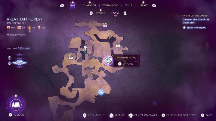 Map locations of two Evanuris Altars within the Arlathan forest in Dragon Age: The Veilguard.