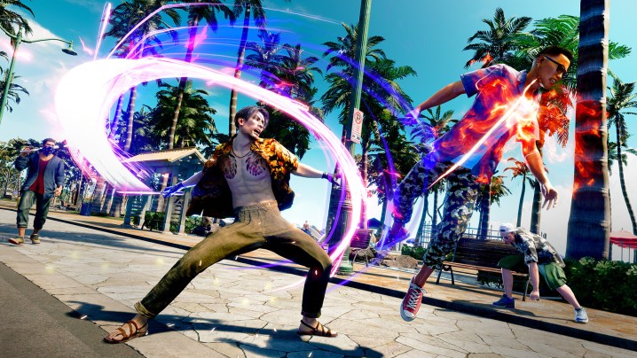 Majima slashing an enemy on Hawaii in Like a Dragon: Pirate Yakuza in Hawaii.