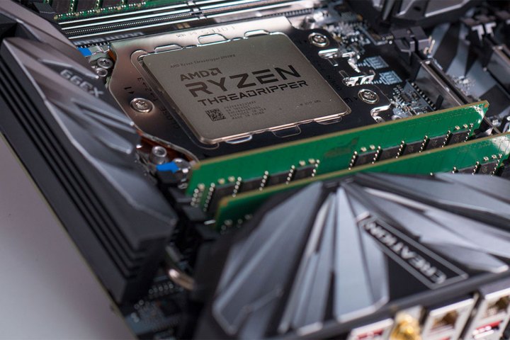 An AMD Threadripper processor in a motherboard.