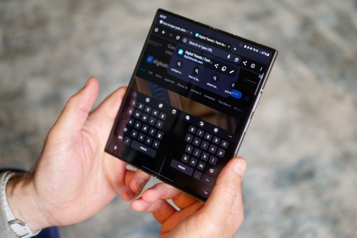 The split Samsung keyboard on the open Samsung Galaxy Z Fold 6.