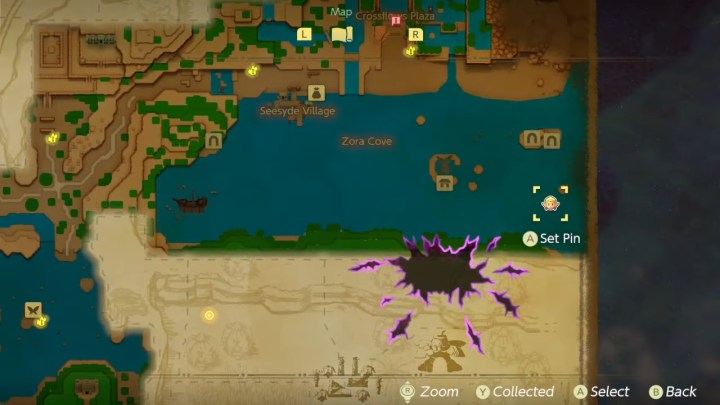 Map location in Echoes of Wisdom highlighting a cracked rock.