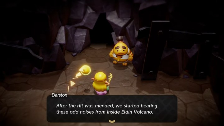 Zelda conversing with a Goron in Echoes of Wisdom.