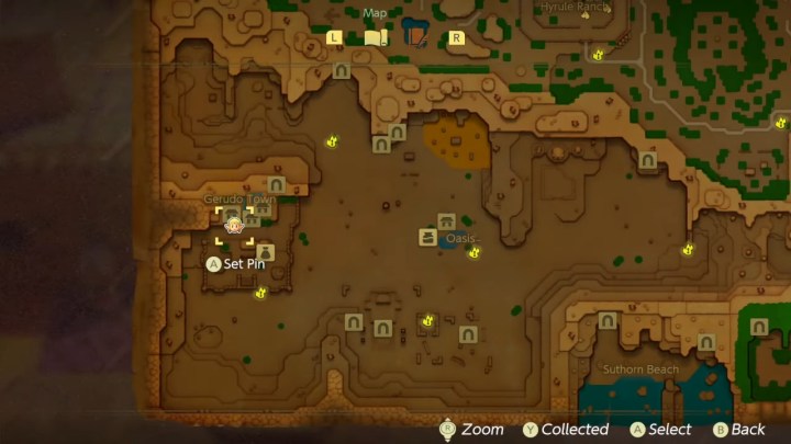 Map location for the "Wild Sandstorms" side quest in Echoes of Wisdom.