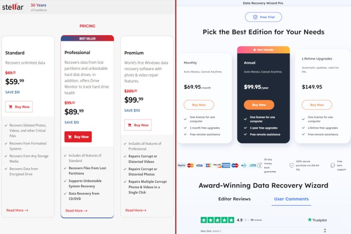 Stellar Data Recovery Premium and EaseUS Data Recovery Wizard Prol price tiers appear in a split-screen shot.