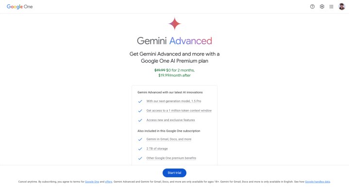 Google Gemini upgrade screen