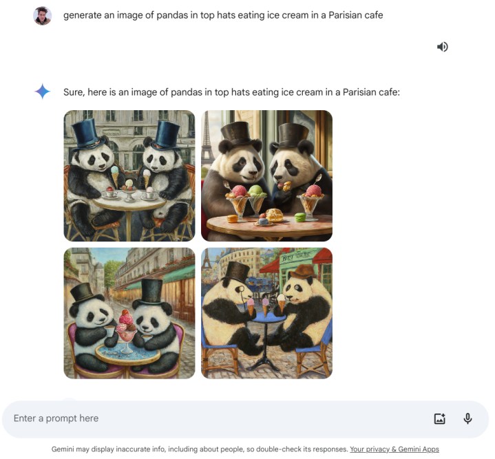 Pandas in top hats eating ice cream in a Parisian cafe