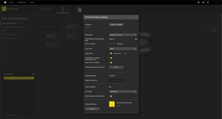 Corsair iCUE software used to customize settings on the M75 Air wireless gaming mouse.