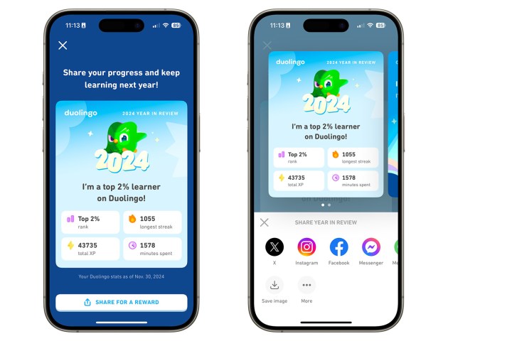Screenshots showing how to share the results of your Duolingo Year in Review.