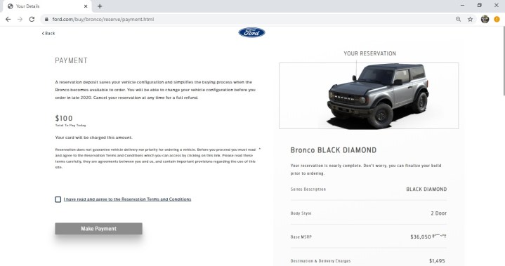 Ford Bronco Reservation Confirmation Email