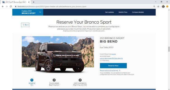 Ford Bronco Sport Reservation Page