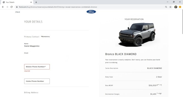 Ford Bronco Reservation Confirmation