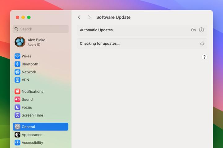 Checking for updates in the System Settings app in macOS Sonoma.