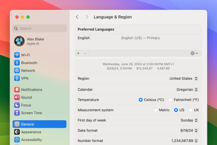 Changing the Language & Region settings in the System Settings app in macOS Sonoma.