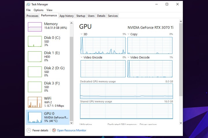 Windows 10 task manager performance tab.