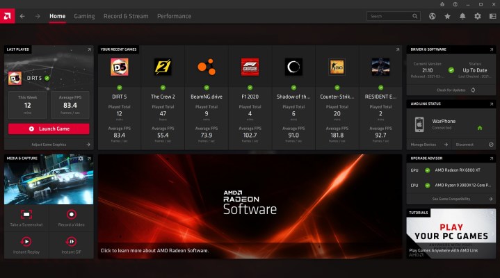 Home screen in AMD Radeon Software.