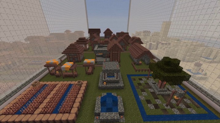 A Minecraft build featuring buildings and terrain.