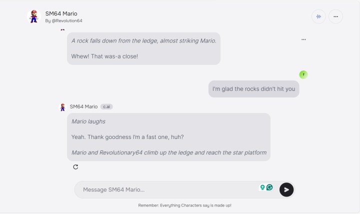 A conversation with Mario in Character.AI.