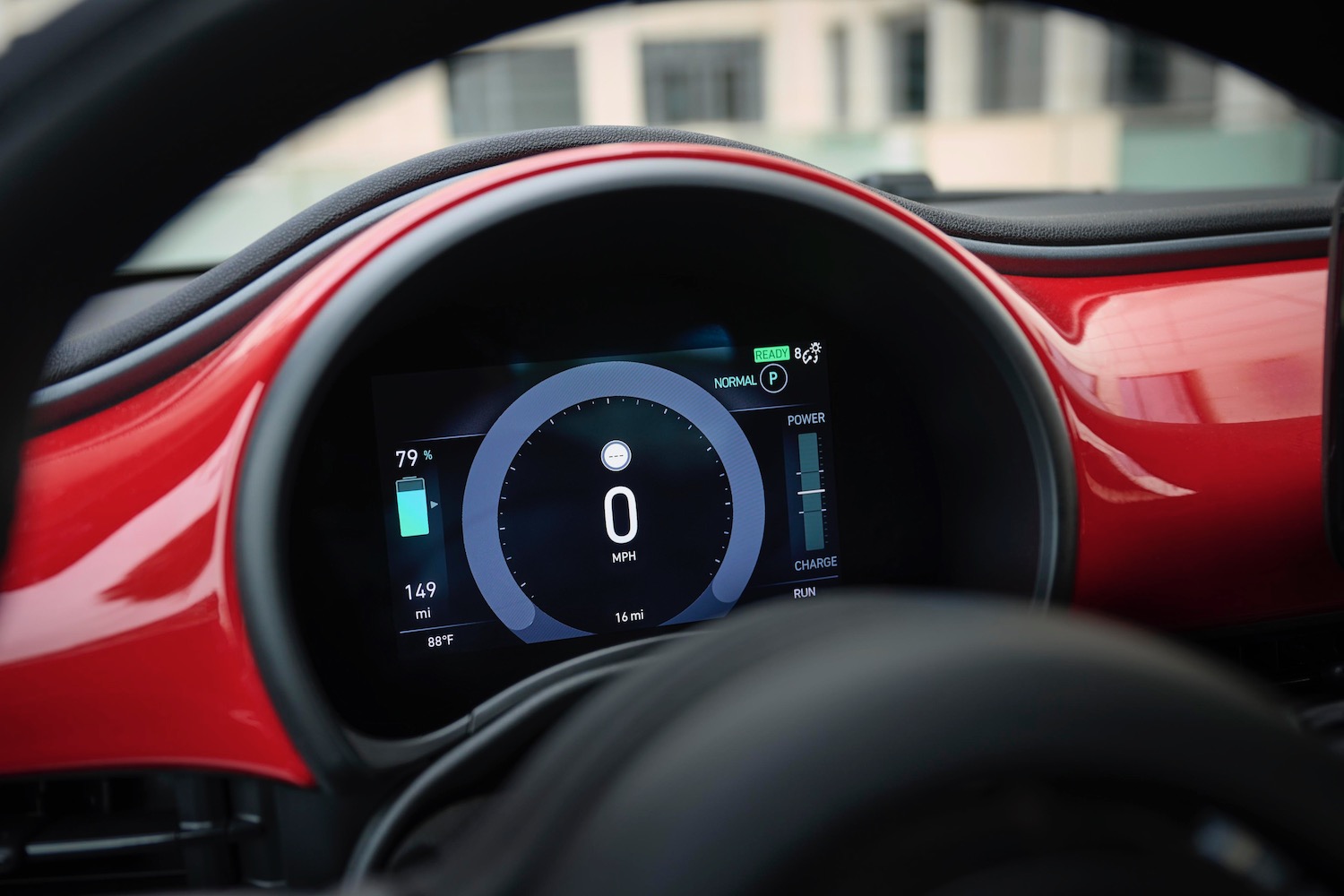 Alt text: The digital instrument cluster in the 2024 Fiat 500e displays speed, range, and other important driving information.