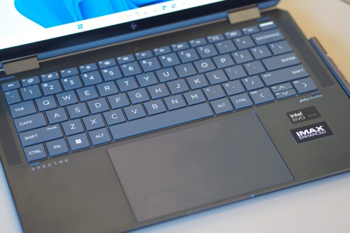 alt: Top-down view of the HP Spectre x360 14 (2024) highlighting the keyboard layout.