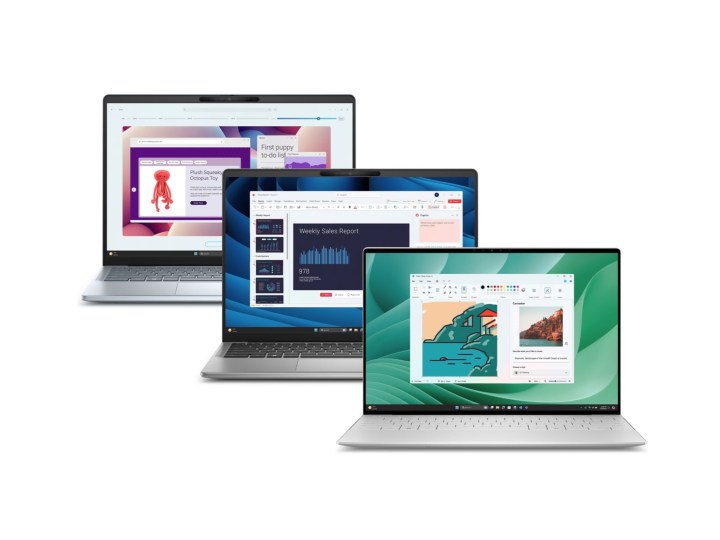 Dell Windows Copilot+ PCs lined up including XPS, Latitude, and Inspiron