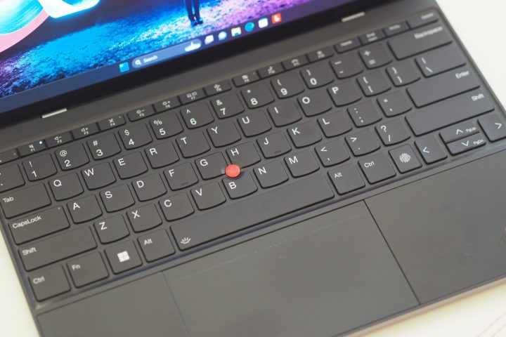 Lenovo ThinkPad Z13 Gen 2 downward view showing keyboard and touchpad.