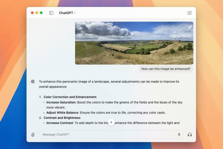 Alt text: The ChatGPT app interface on macOS displaying suggestions and enhancements for a photo based on AI analysis.