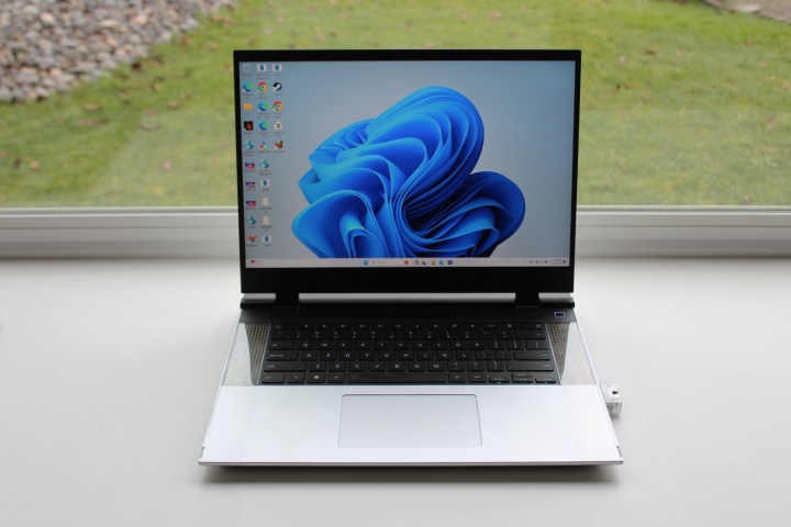 alt text: The Framework Laptop 16 displayed against a background, emphasizing its overall design and unique features.