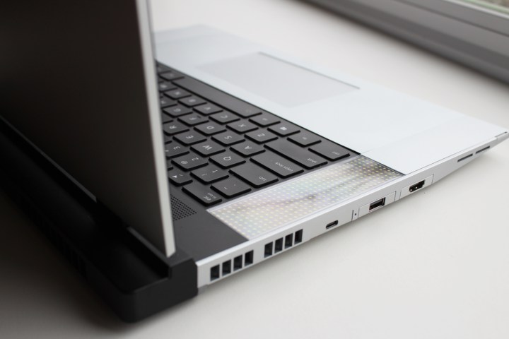 alt text: A view of the Framework Laptop 16's keyboard from behind, highlighting the per-key RGB backlighting and the overall design.