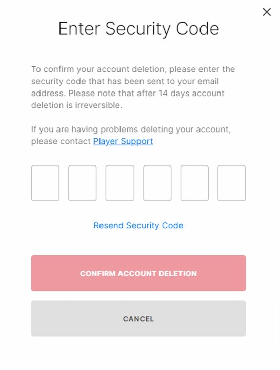 Epic Games account security code pop-up when deleting an account.