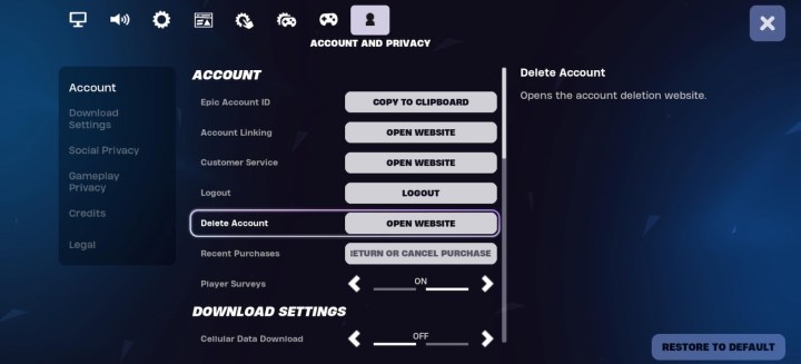 Fortnite mobile app account settings showing the Delete Account option.