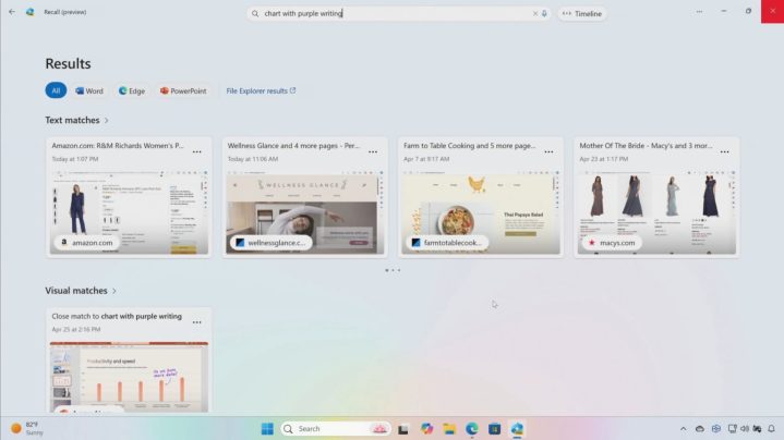 alt text: A screenshot of the Recall feature in Windows, showing its search capabilities.