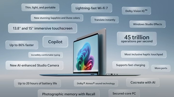 alt text: A graphic showcasing the features of the Surface Laptop, highlighting its AI capabilities.