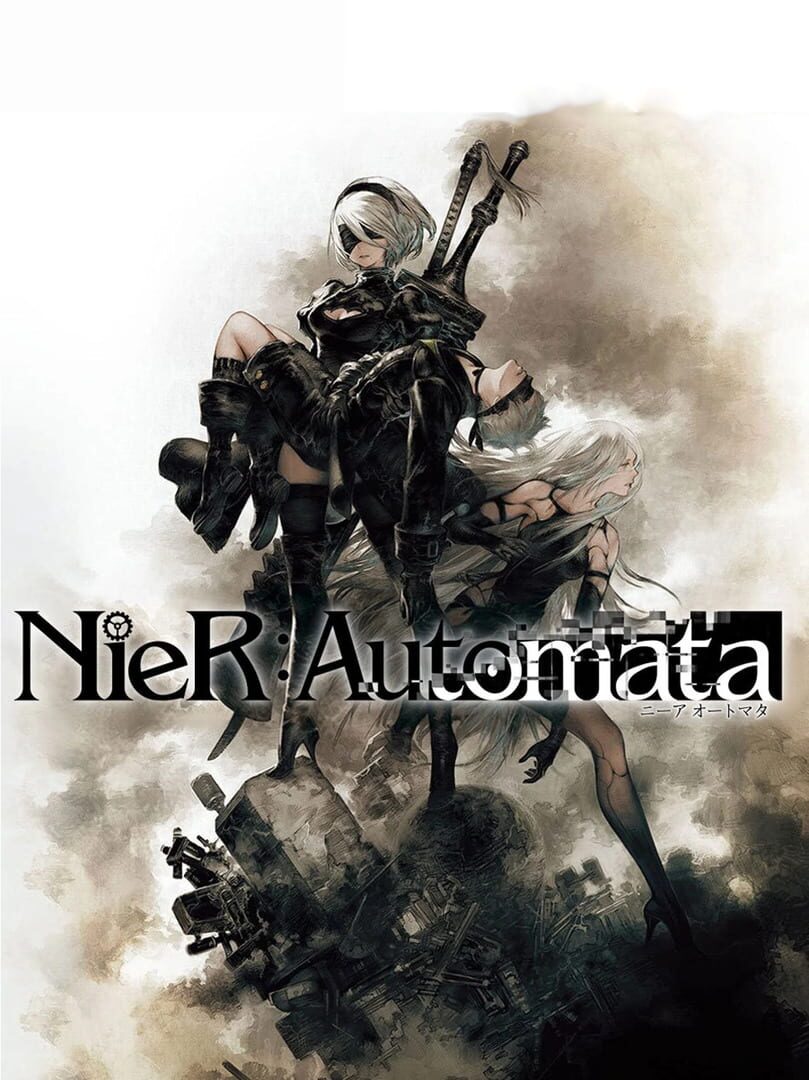 alt text describing image:  Key art for NieR: Automata showing the android protagonists 2B and 9S.