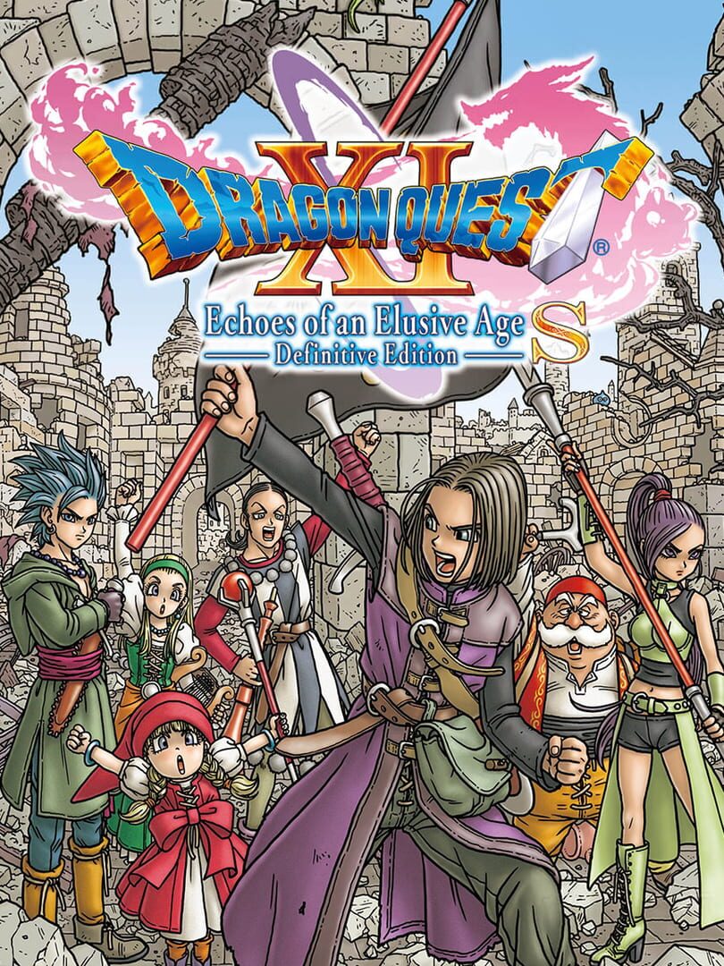 alt text describing image:  Promotional art for Dragon Quest XI S featuring the main characters in a group pose.