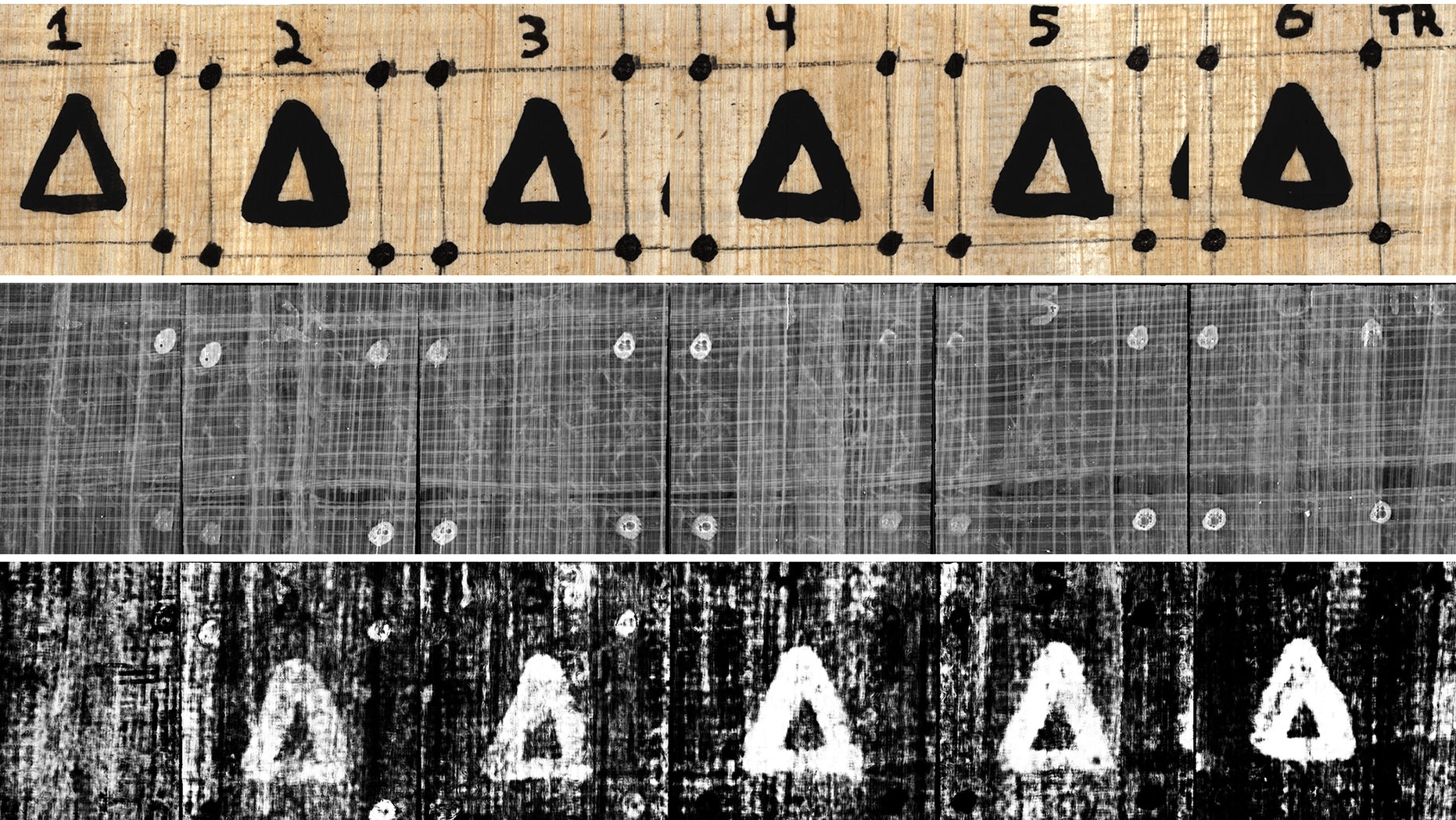 Top to bottom: A reference photograph of delta symbols, an integral texture image, and a network-generated carbon ink prediction image.