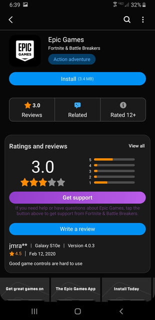 alt: A screenshot of the Epic Games app on a Samsung phone showing the Fortnite install button.