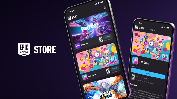 alt: Two phones displaying the Epic Games Store with Fortnite, Fall Guys, and Rocket League available.