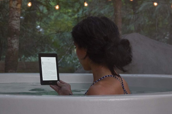 The Kindle Paperwhite being read in a bath.