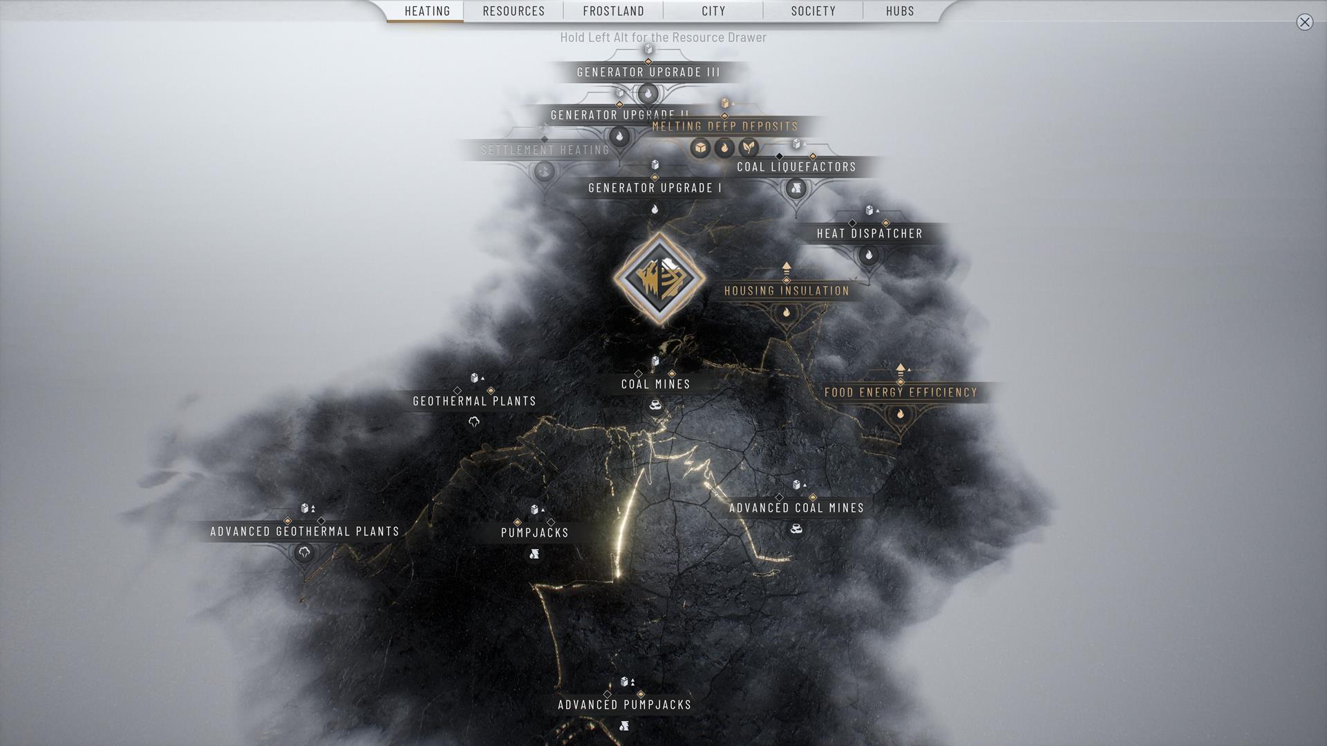 The image shows the Heating tech tree with available options.