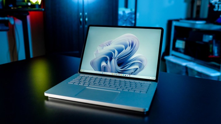 alt text: The Surface Laptop Studio 2 positioned on a table, showcasing its overall design.