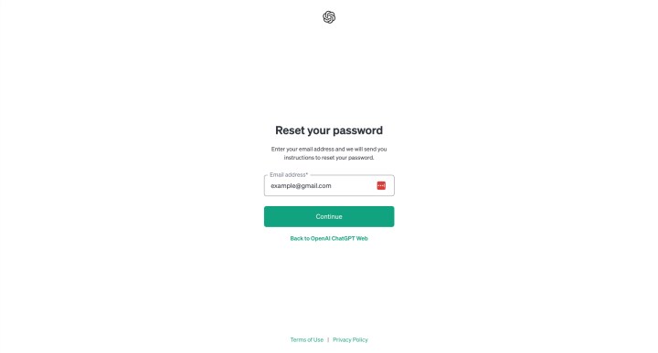 The ChatGPT password reset page