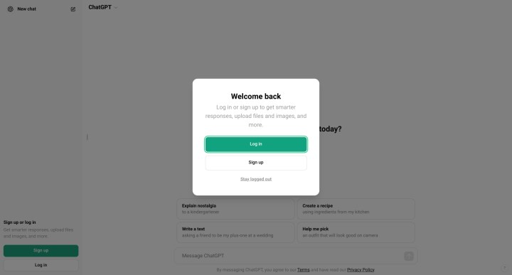A logged out chatGPT home screen