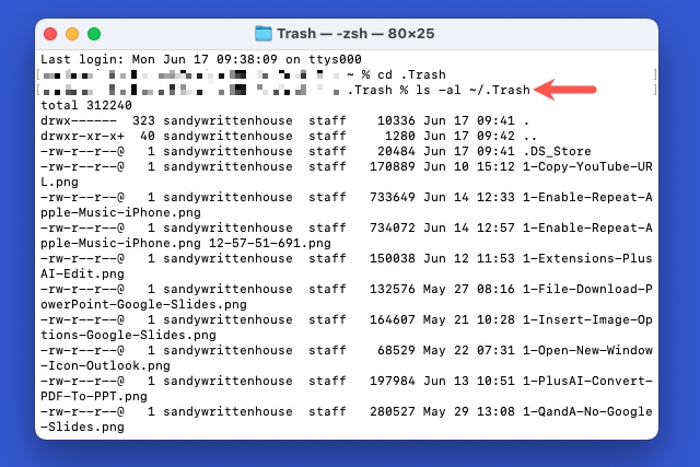 Trash contents in Terminal on Mac.