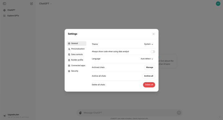 The ChatGPT general settings screen showing the option to delete all chats.