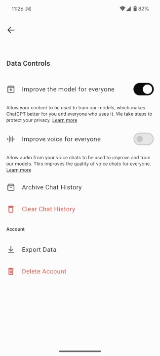 how to delete chat history chatgpt mobile data controls screen