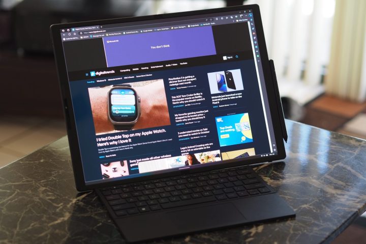 alt: The HP Spectre Foldable PC showcased in desktop mode, with the display fully unfolded and supported by the integrated kickstand.