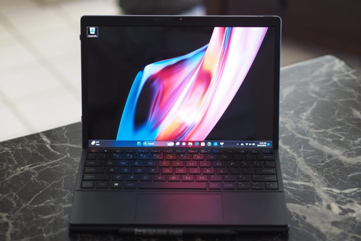 alt: The HP Spectre Foldable PC in a front view, showcasing the unfolded display and the keyboard positioned in front.