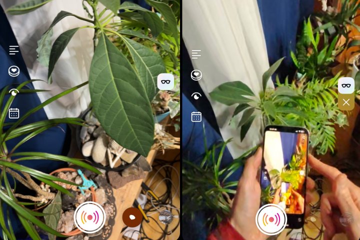 Alt: Screenshots of the Instagram live stream interface, highlighting the glasses icon indicating connection with the Ray-Ban Meta Smart Glasses.