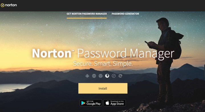 alt=Norton Password Manager main website interface showcasing its features.