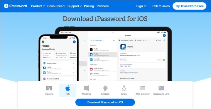 alt=1Password website for iOS devices showcasing its features.